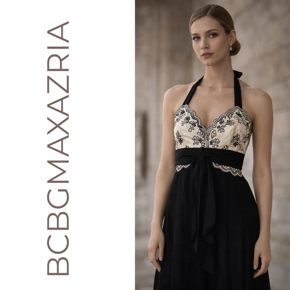BCBGMAXAZRIA Halter Dress Black Ivory Embroidered‎ Y2K Evening Size 0 - Picture 11 of 13